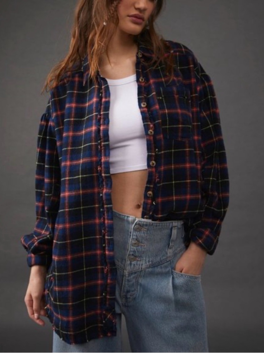 Free People Navy Red Plaid Button-Down Shirt